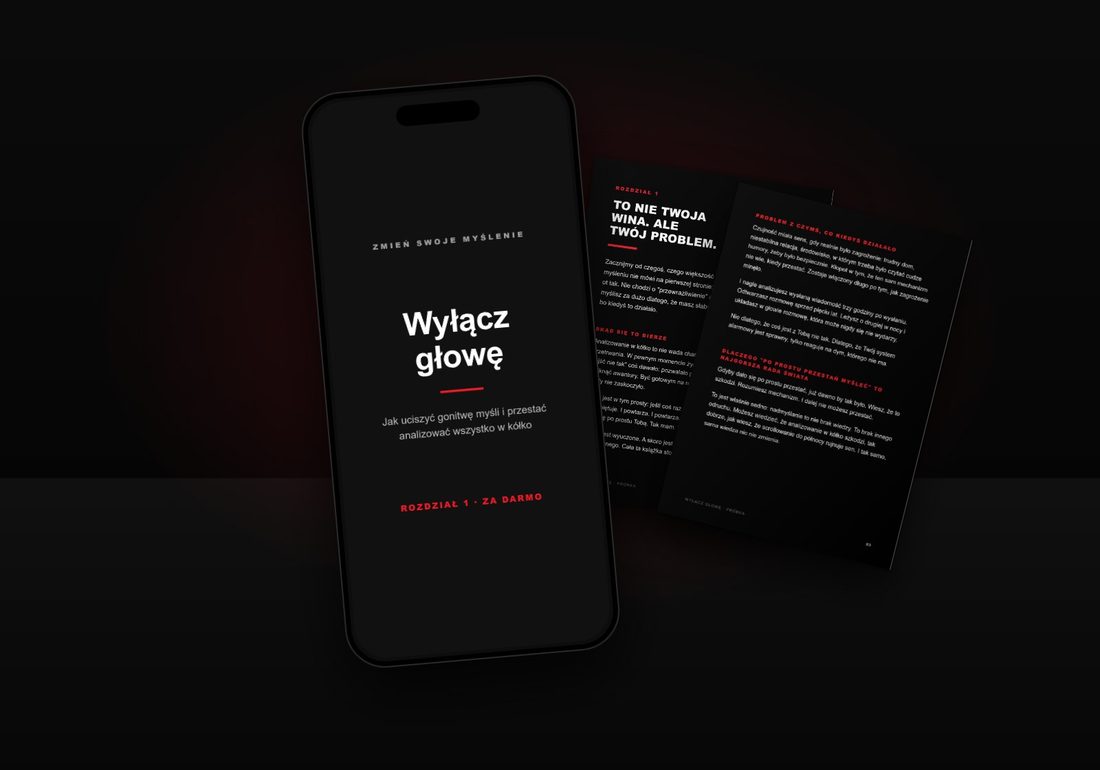 Rozdział 1 ebooka Wyłącz głowę: okładka na telefonie i dwie strony